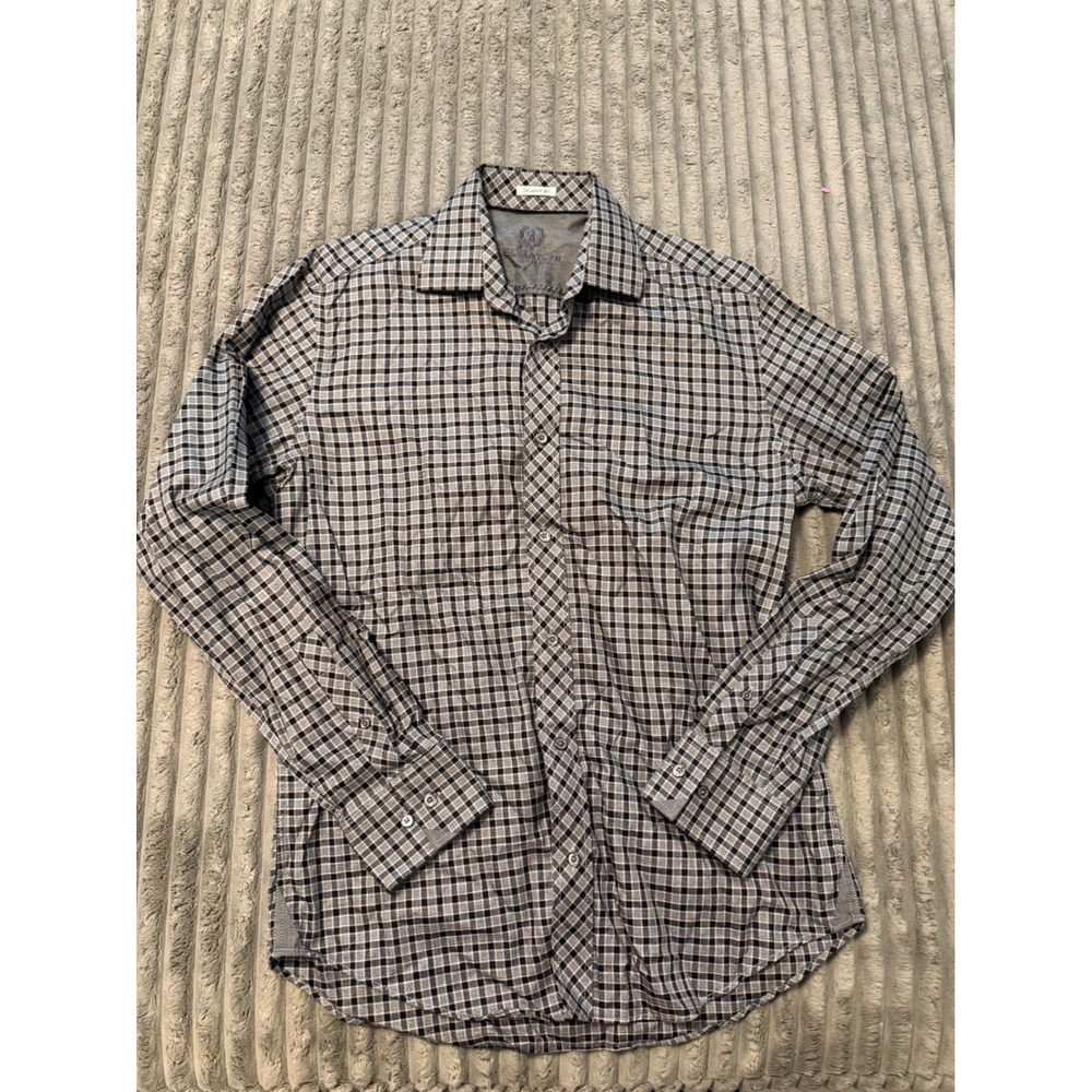 Bugatchi Uomo Mens Shaped Fit Grey Black Checkered Button Down Shirt PS3015L93S